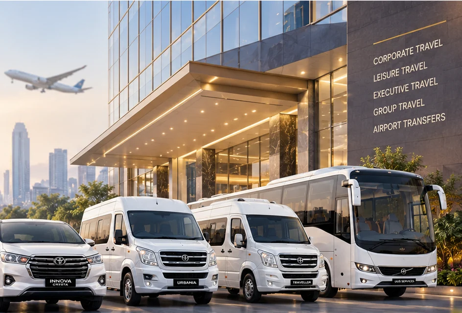 Premium passenger vehicles outside a modern corporate hotel, representing PVS Tours and Travels fleet for business and leisure travel